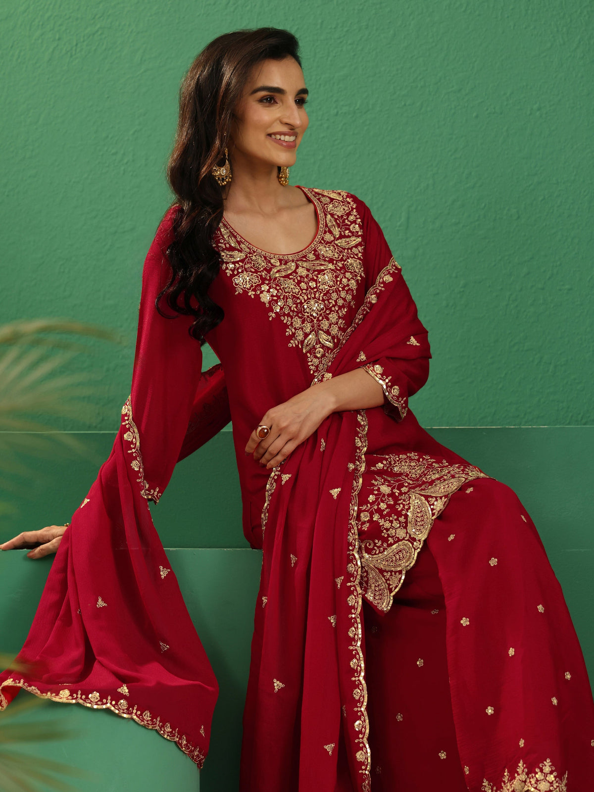 sanjhshringar Crimson Red Paisley Embellished Chinon Palazzo Suit Set
