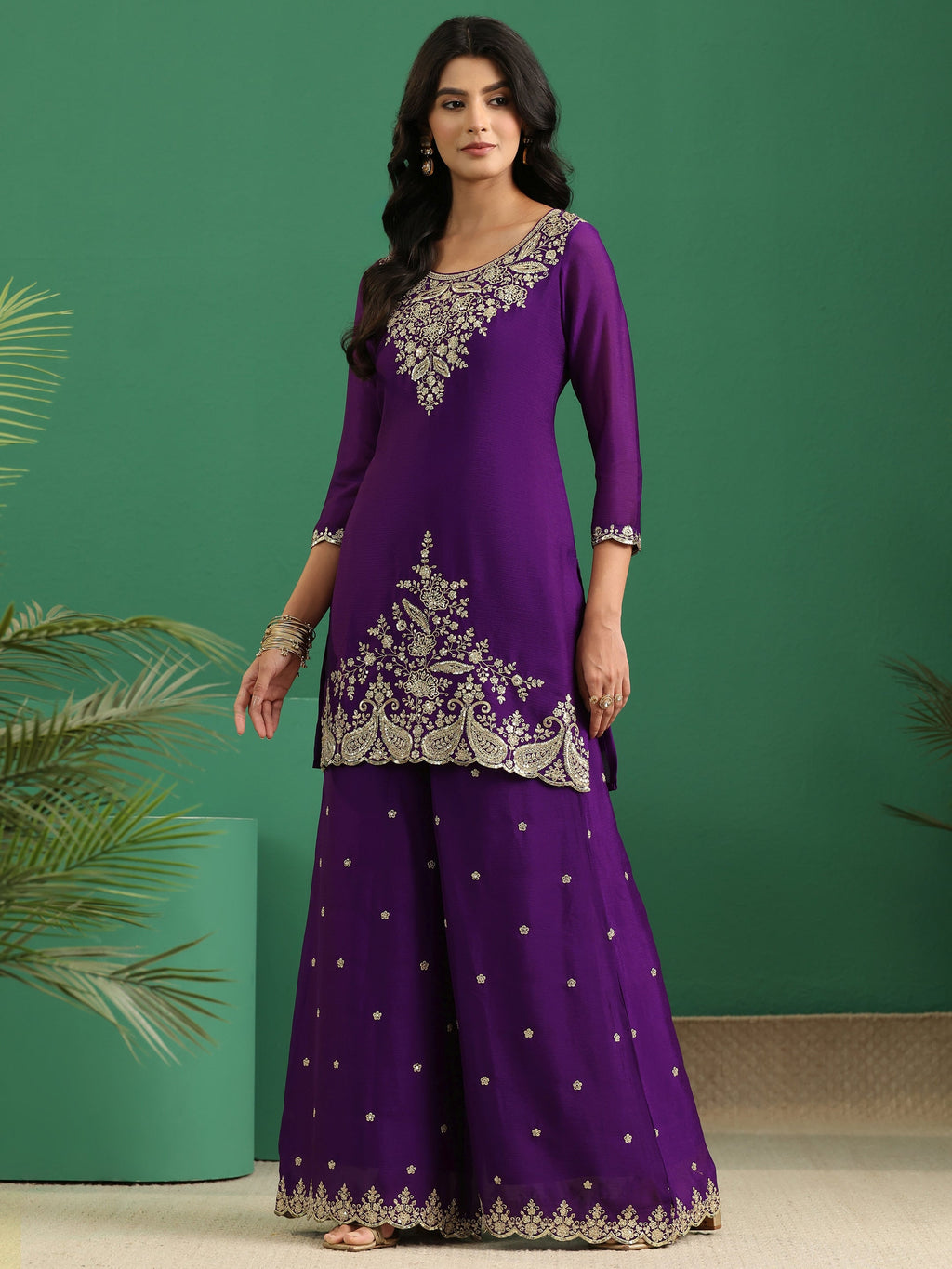 sanjhshringar Imperial Purple Paisley Embellished Chinon Palazzo Suit Set