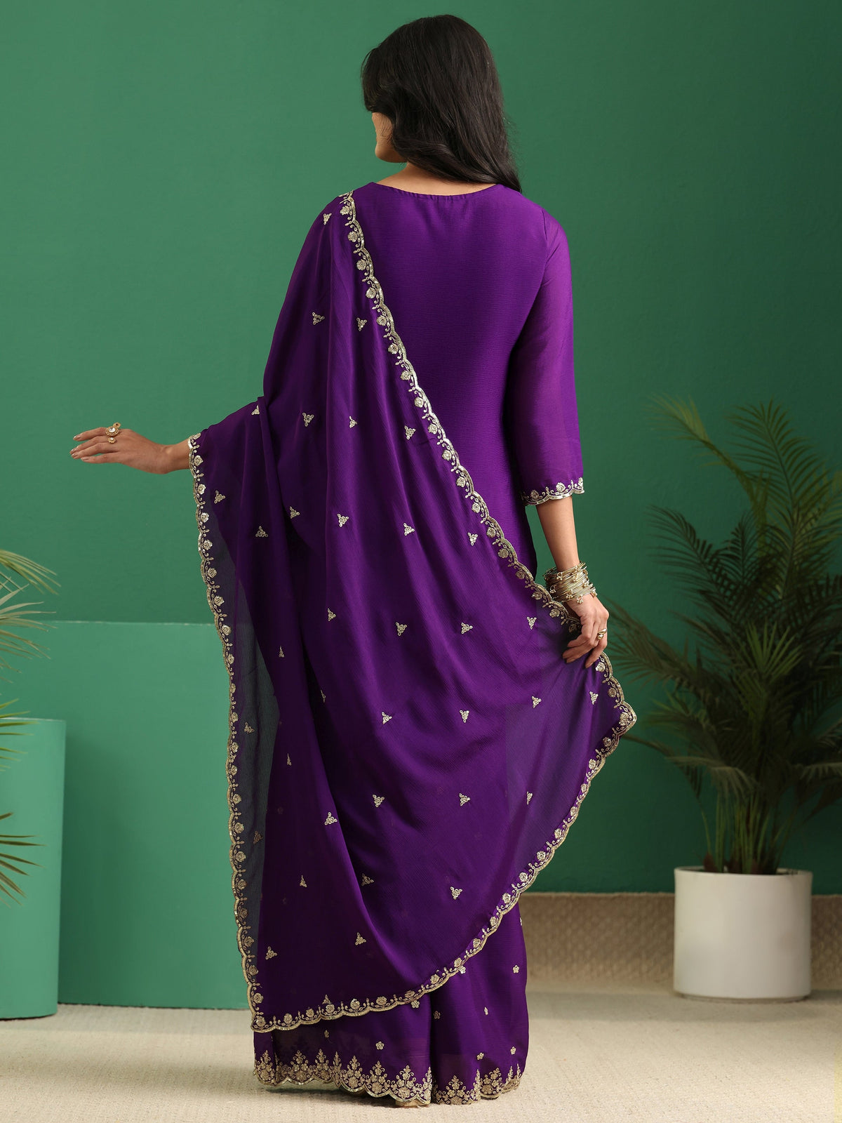 sanjhshringar Imperial Purple Paisley Embellished Chinon Palazzo Suit Set
