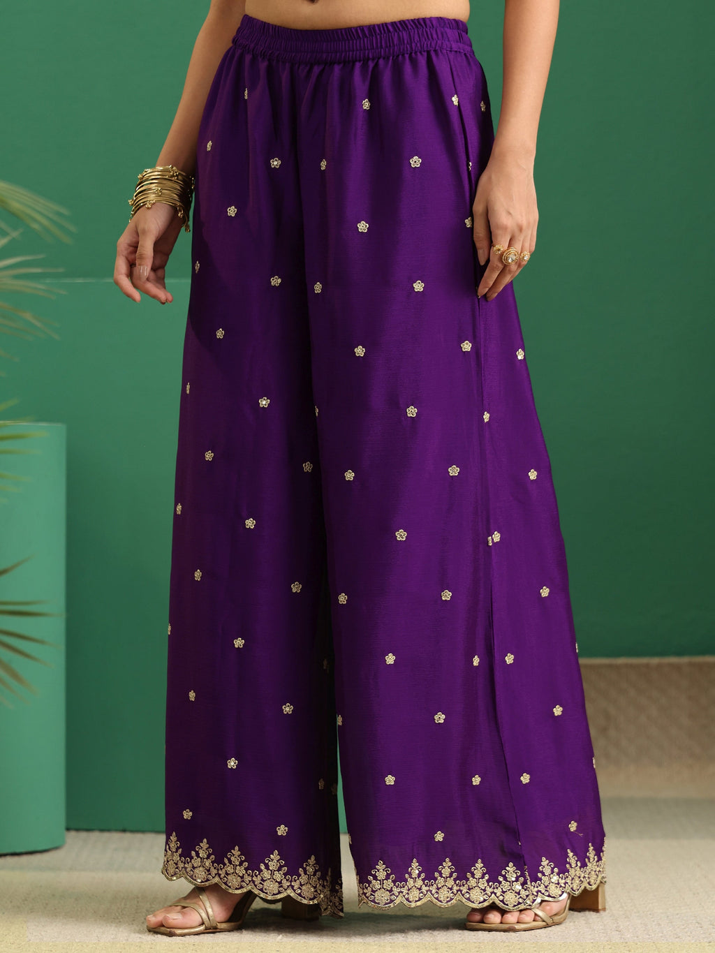 sanjhshringar Imperial Purple Paisley Embellished Chinon Palazzo Suit Set