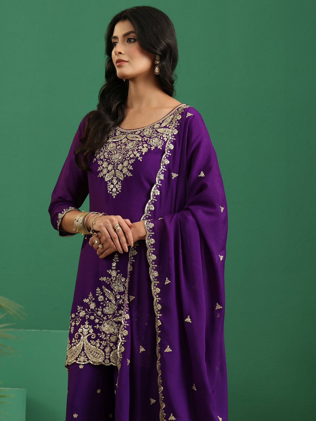 sanjhshringar Imperial Purple Paisley Embellished Chinon Palazzo Suit Set