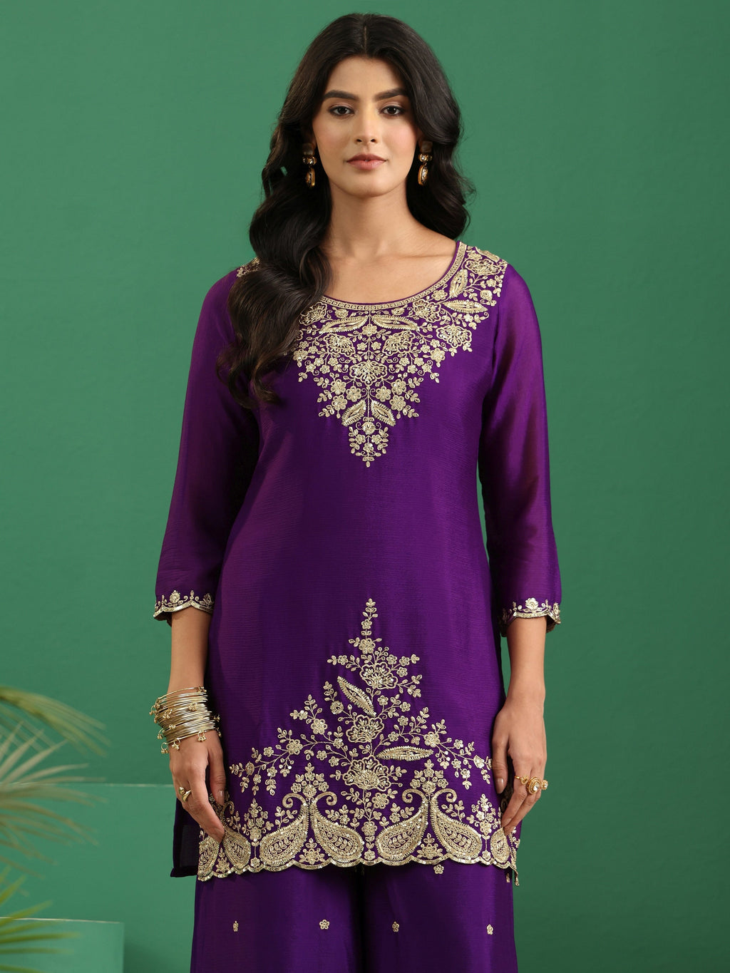 sanjhshringar Imperial Purple Paisley Embellished Chinon Palazzo Suit Set