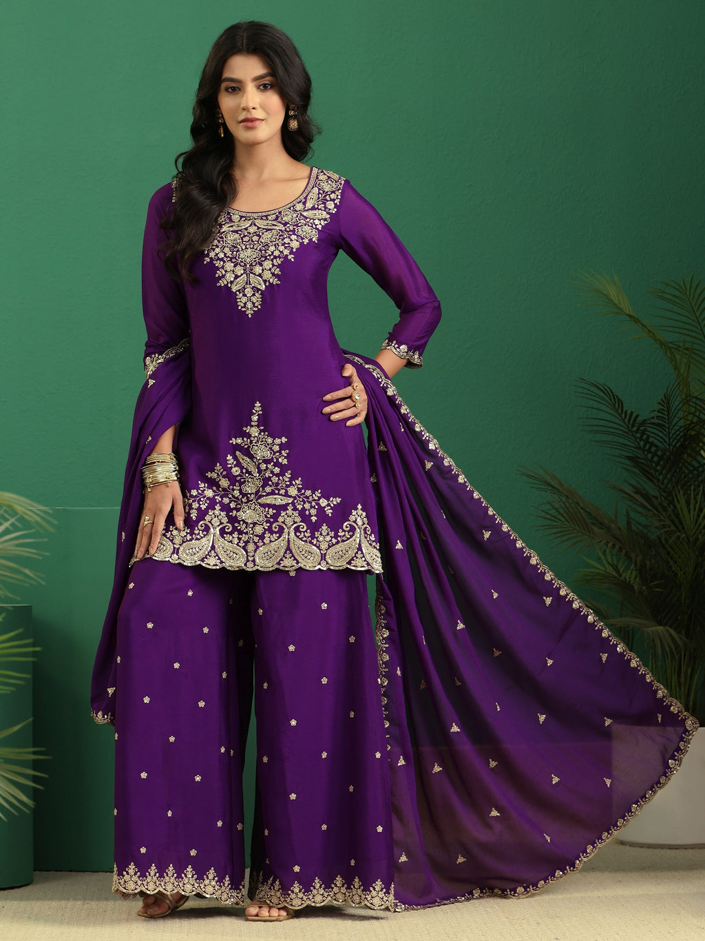 sanjhshringar Imperial Purple Paisley Embellished Chinon Palazzo Suit Set