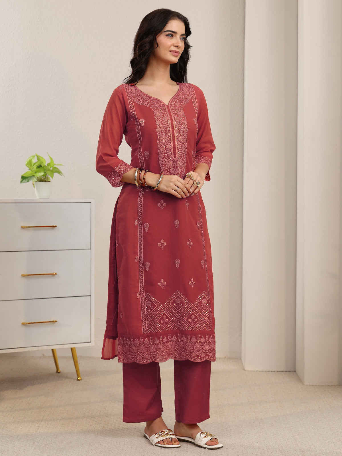 sanjhshringar Rust Red Floral Embroidered Georgette Straight Suit Set