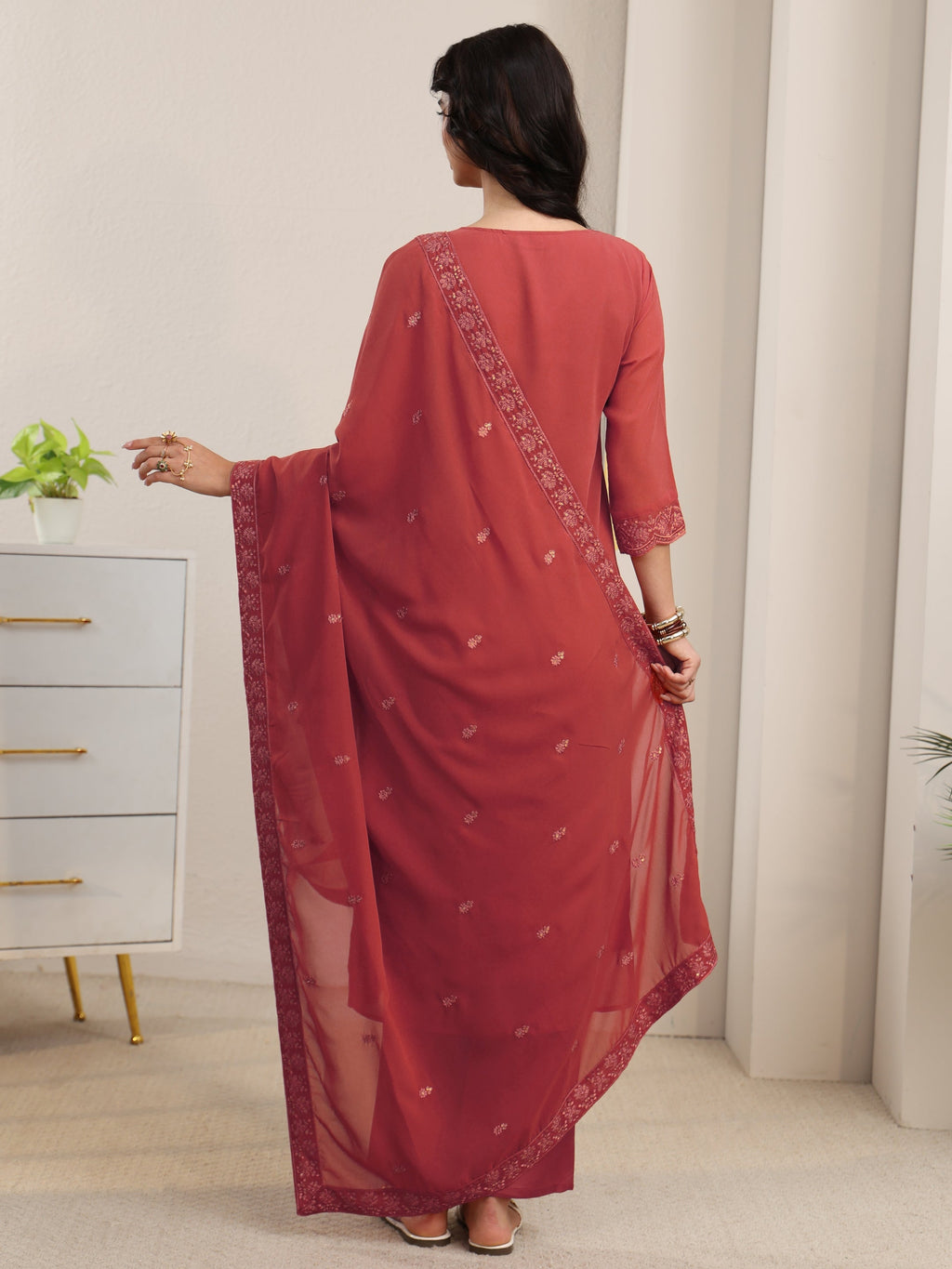 sanjhshringar Rust Red Floral Embroidered Georgette Straight Suit Set