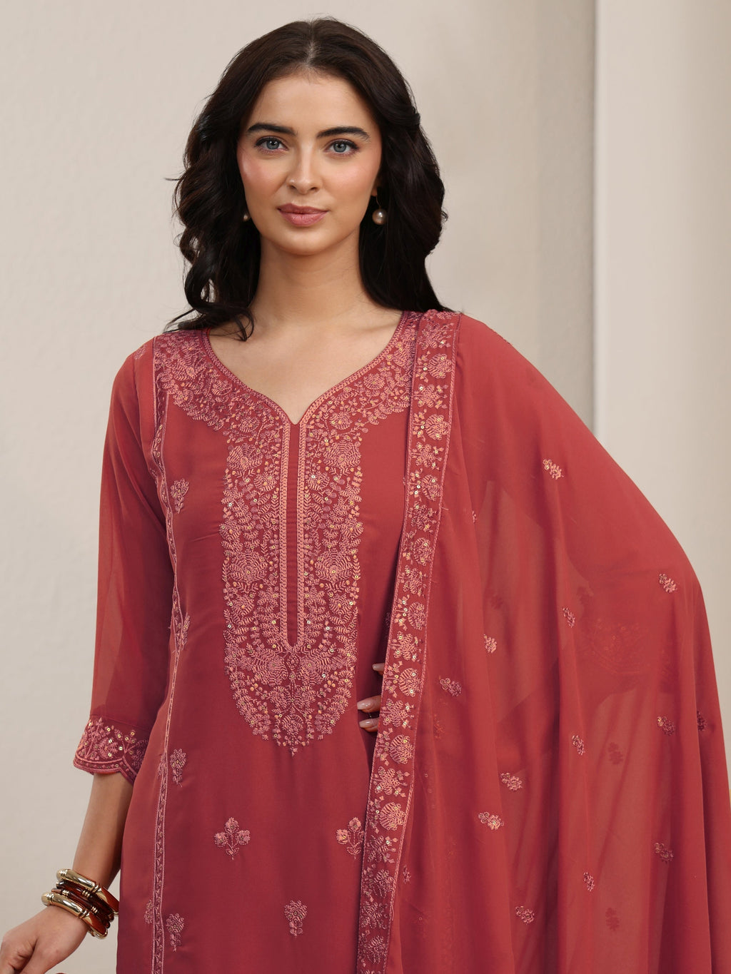 sanjhshringar Rust Red Floral Embroidered Georgette Straight Suit Set