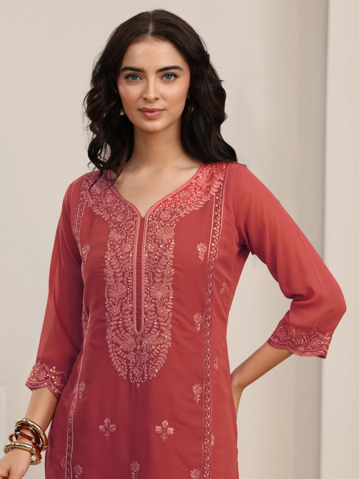 sanjhshringar Rust Red Floral Embroidered Georgette Straight Suit Set