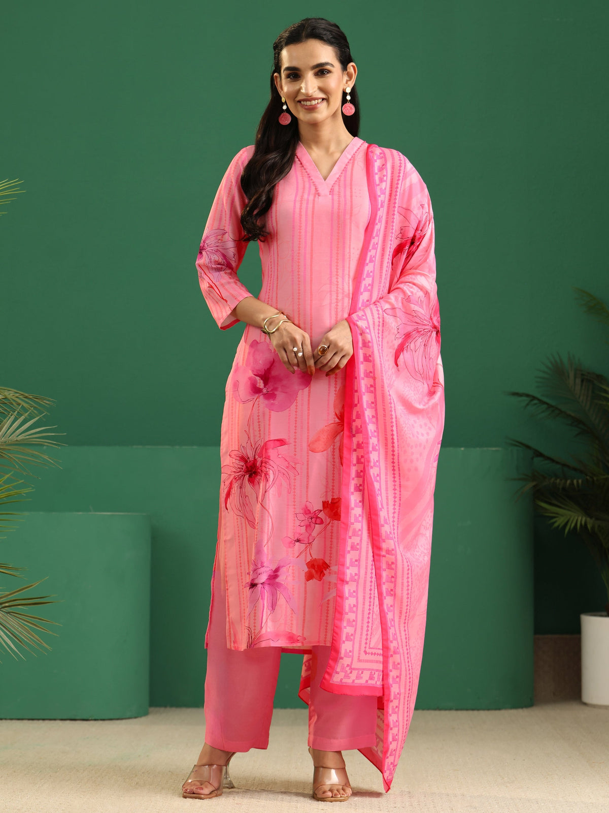 sanjhshringar Pink Floral Printed Muslin A-Line Suit Set