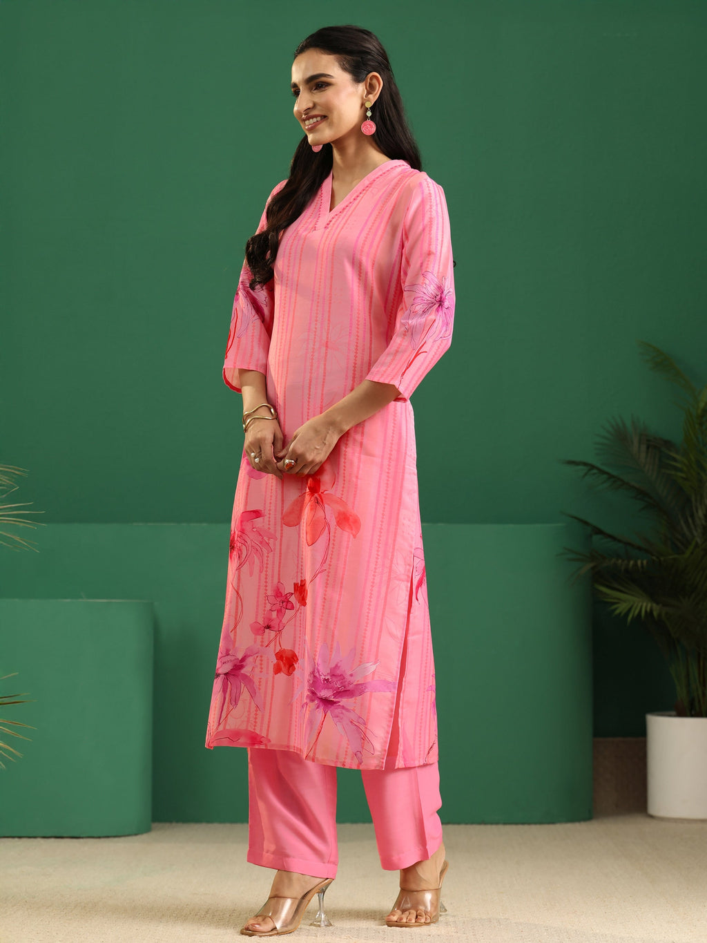 sanjhshringar Pink Floral Printed Muslin A-Line Suit Set
