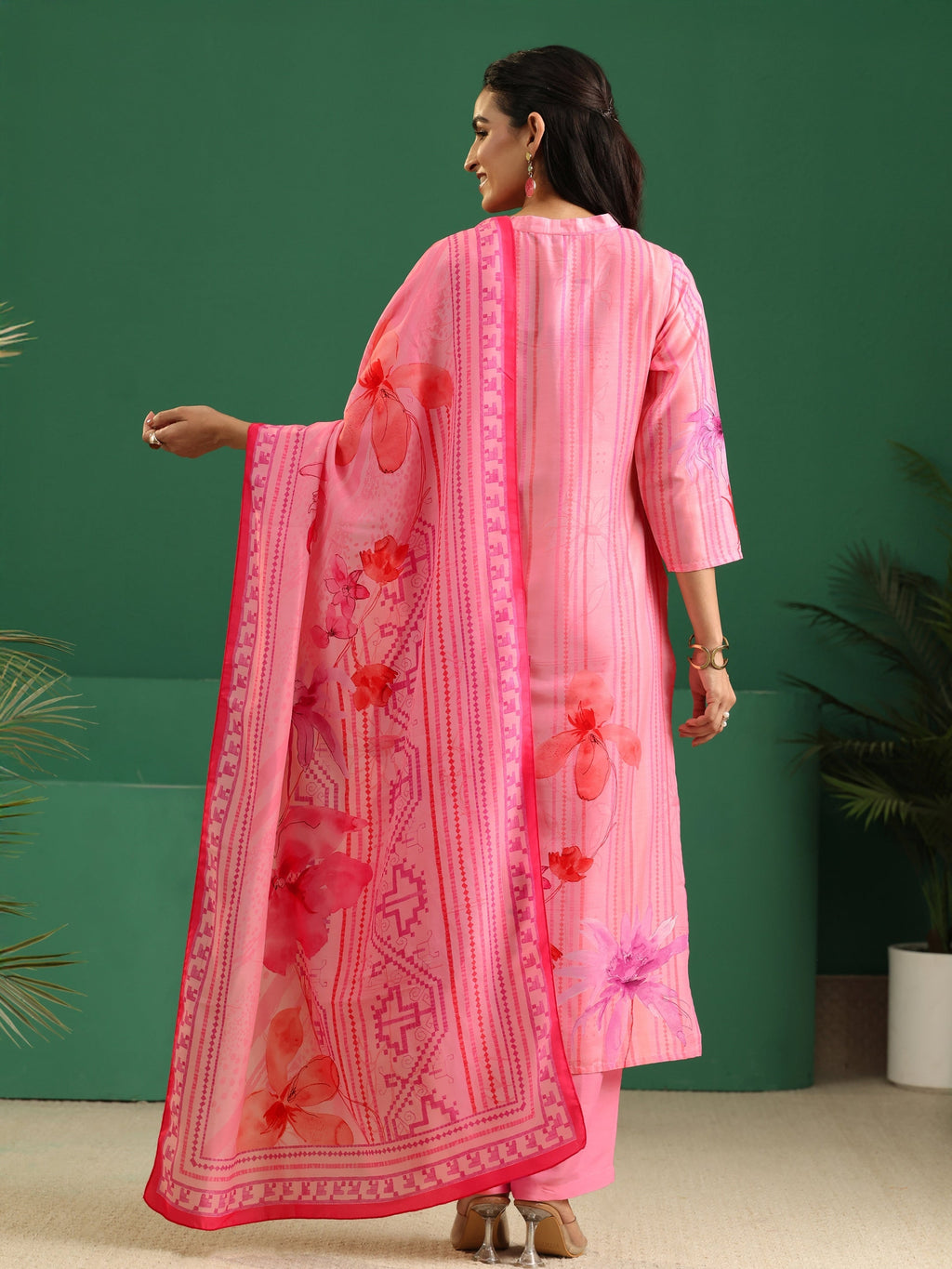 sanjhshringar Pink Floral Printed Muslin A-Line Suit Set