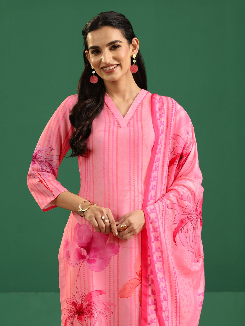 sanjhshringar Pink Floral Printed Muslin A-Line Suit Set