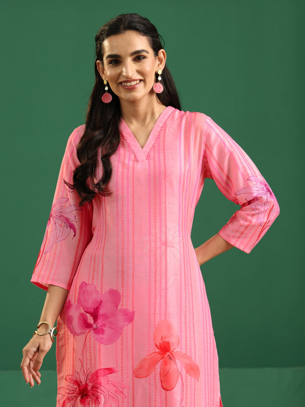 sanjhshringar Pink Floral Printed Muslin A-Line Suit Set