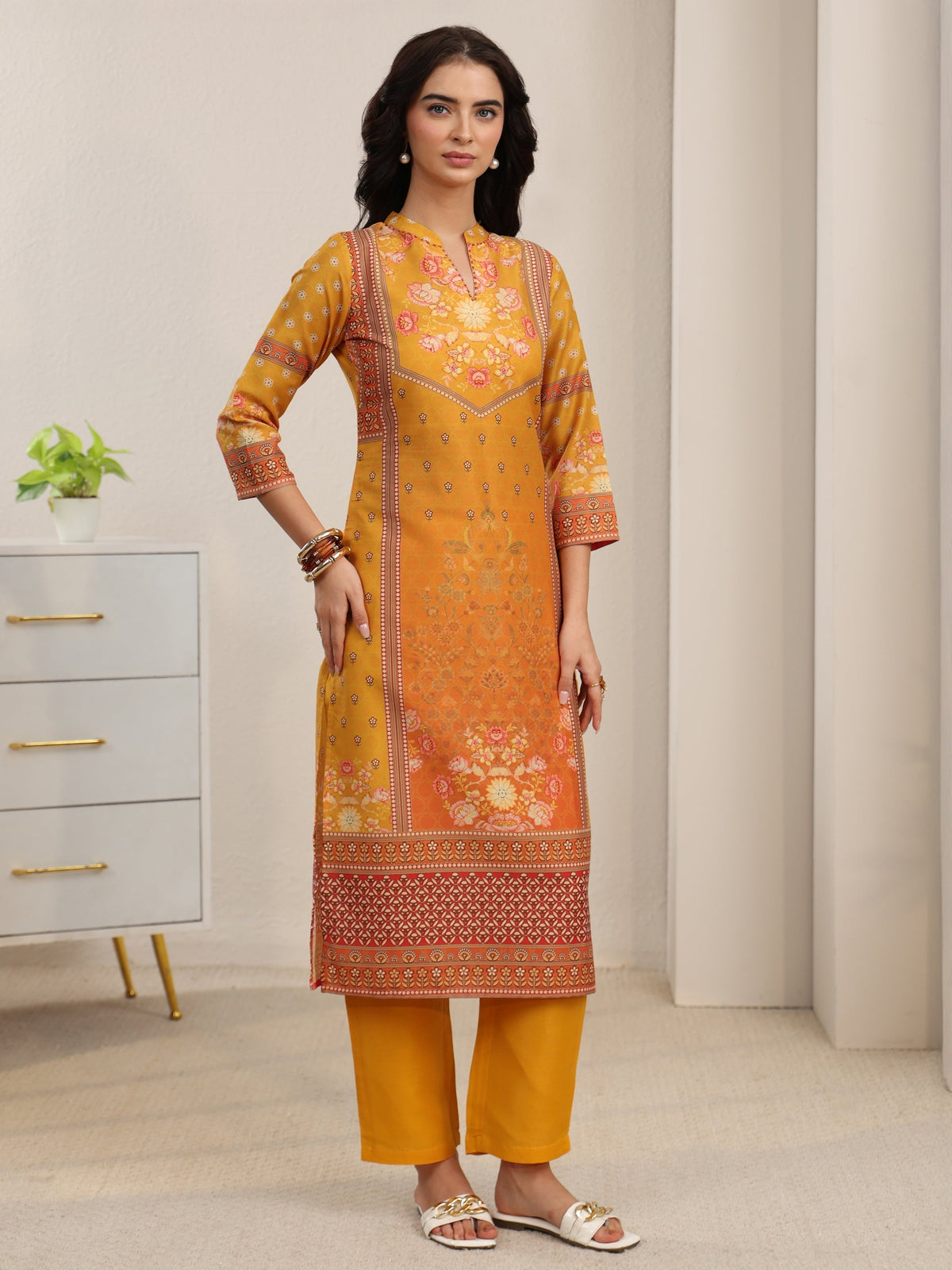 sanjhshringar Mustard Floral Printed Muslin Straight Suit Set