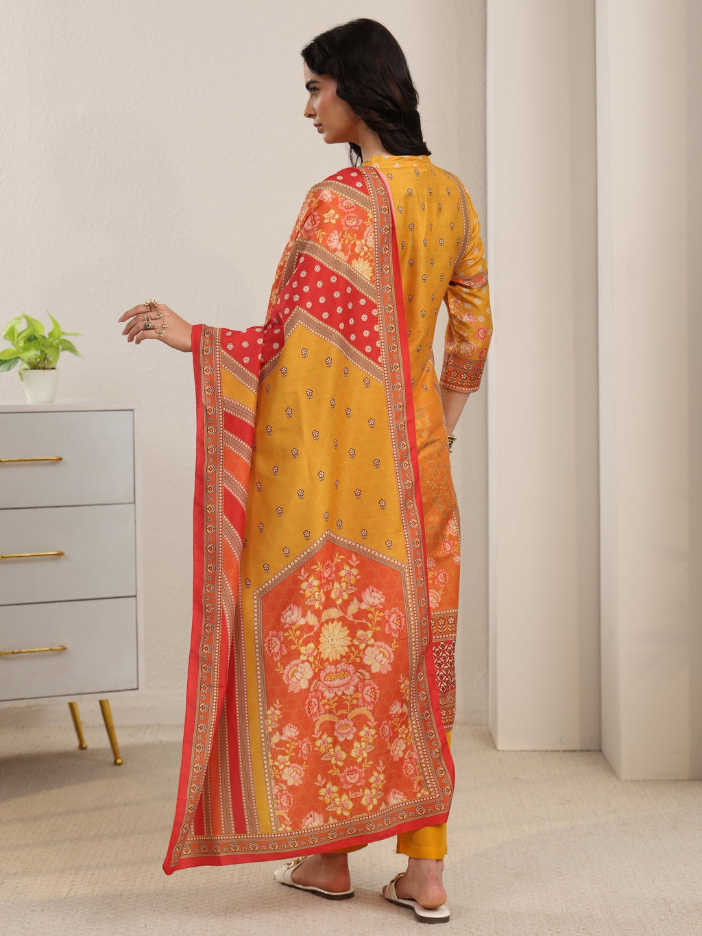 sanjhshringar Mustard Floral Printed Muslin Straight Suit Set
