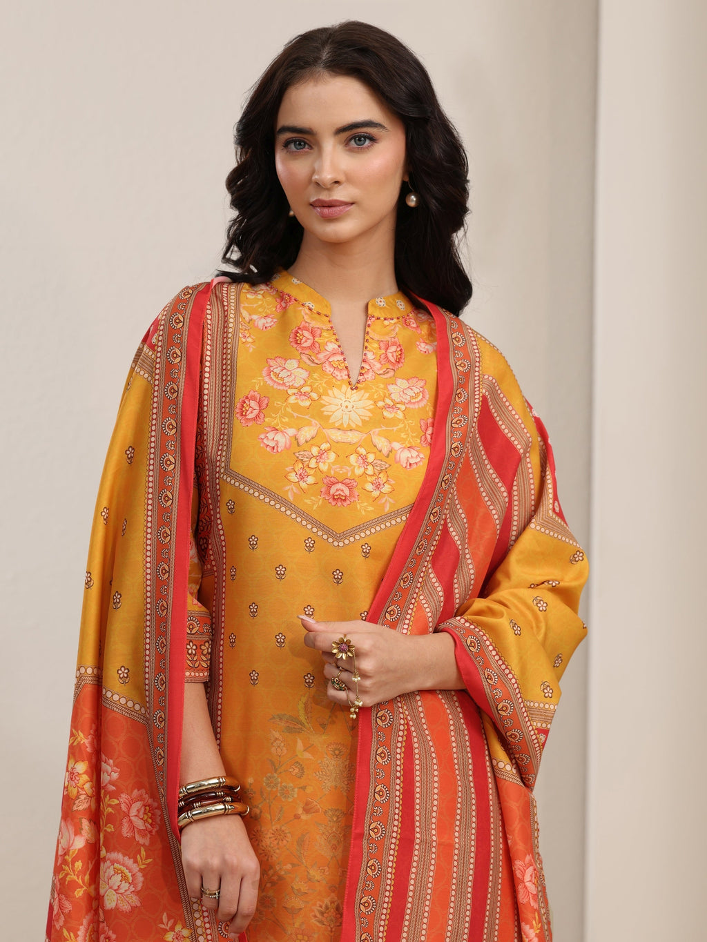 sanjhshringar Mustard Floral Printed Muslin Straight Suit Set
