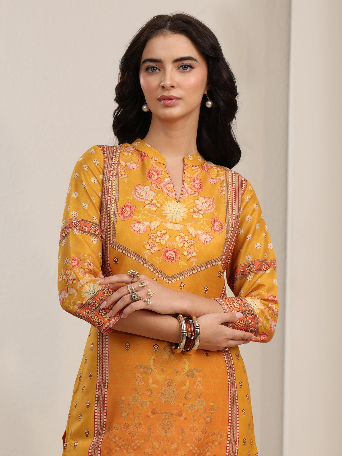 sanjhshringar Mustard Floral Printed Muslin Straight Suit Set