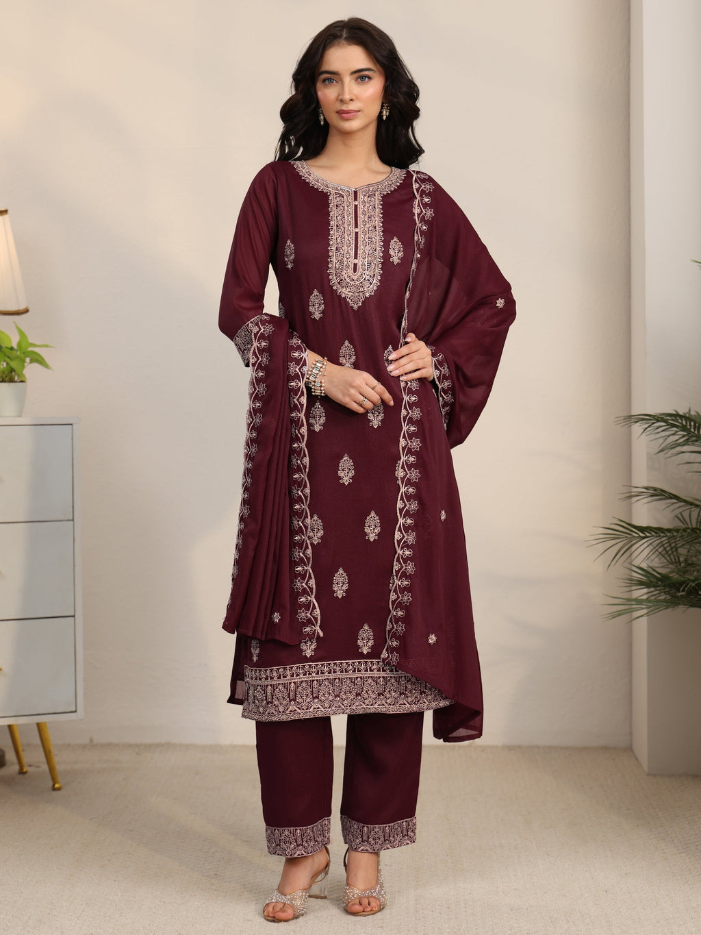 sanjhshringar Maroon Embroidered Chinon Straight Suit Set