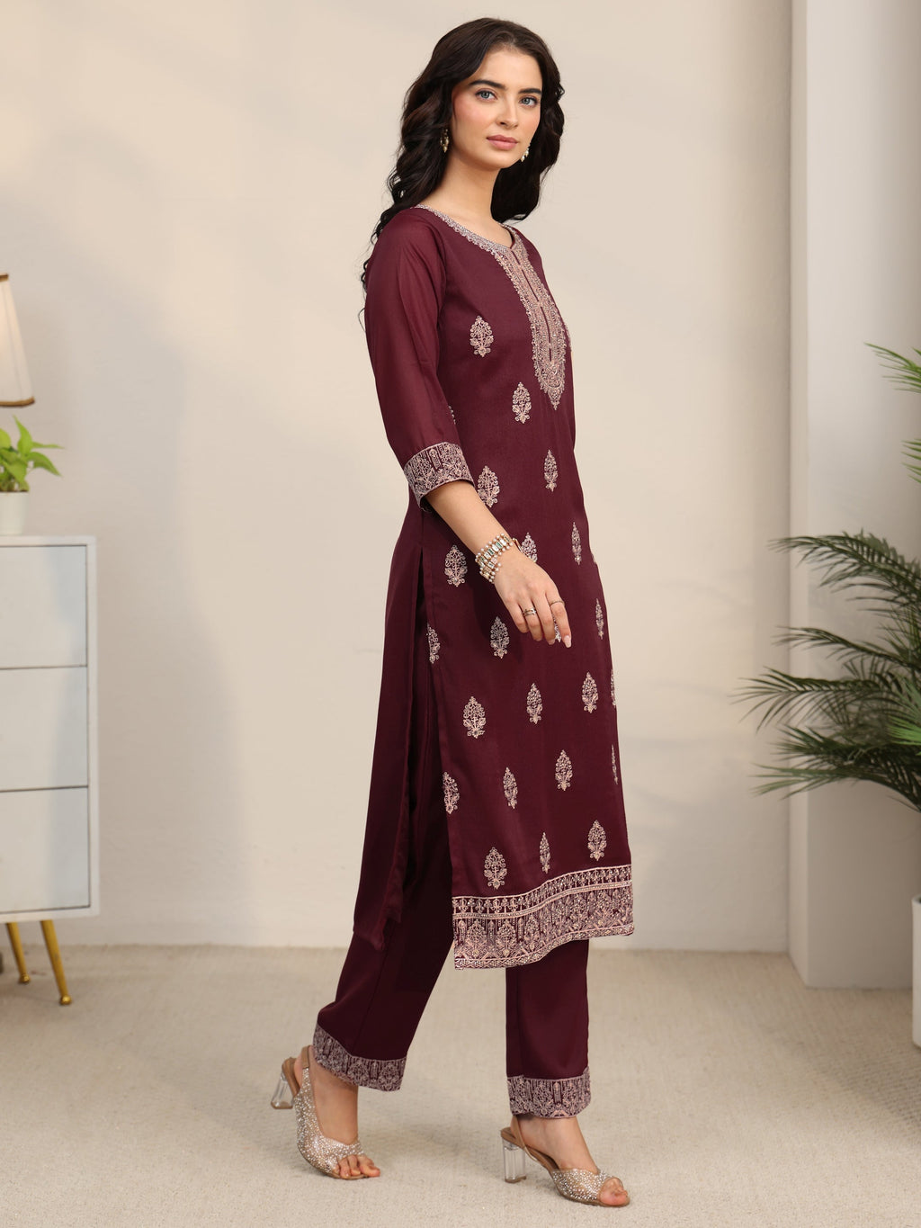 sanjhshringar Maroon Embroidered Chinon Straight Suit Set