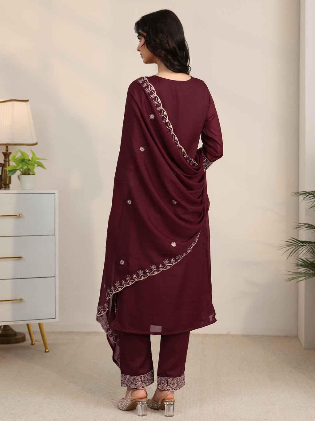 sanjhshringar Maroon Embroidered Chinon Straight Suit Set
