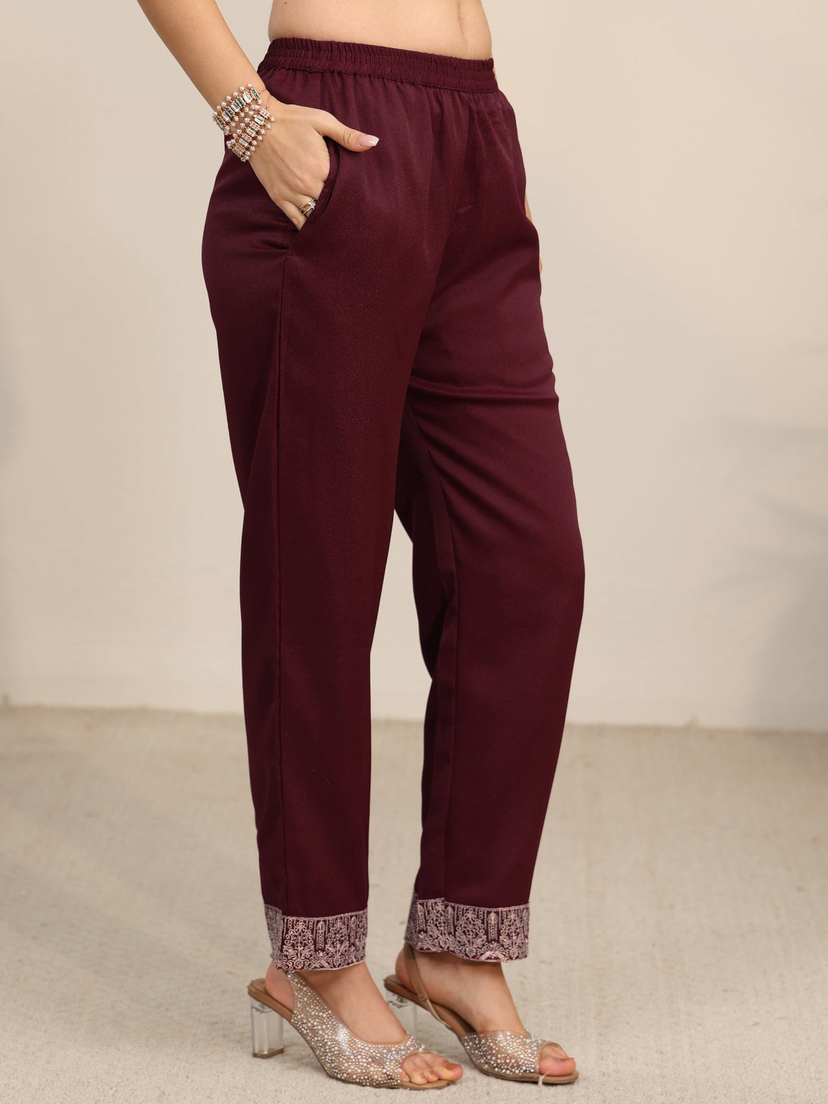 sanjhshringar Maroon Embroidered Chinon Straight Suit Set