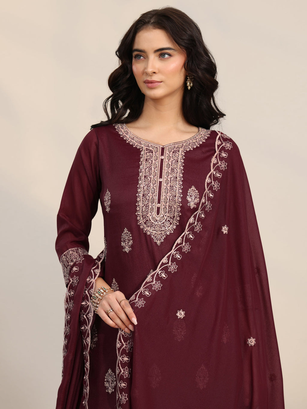 sanjhshringar Maroon Embroidered Chinon Straight Suit Set