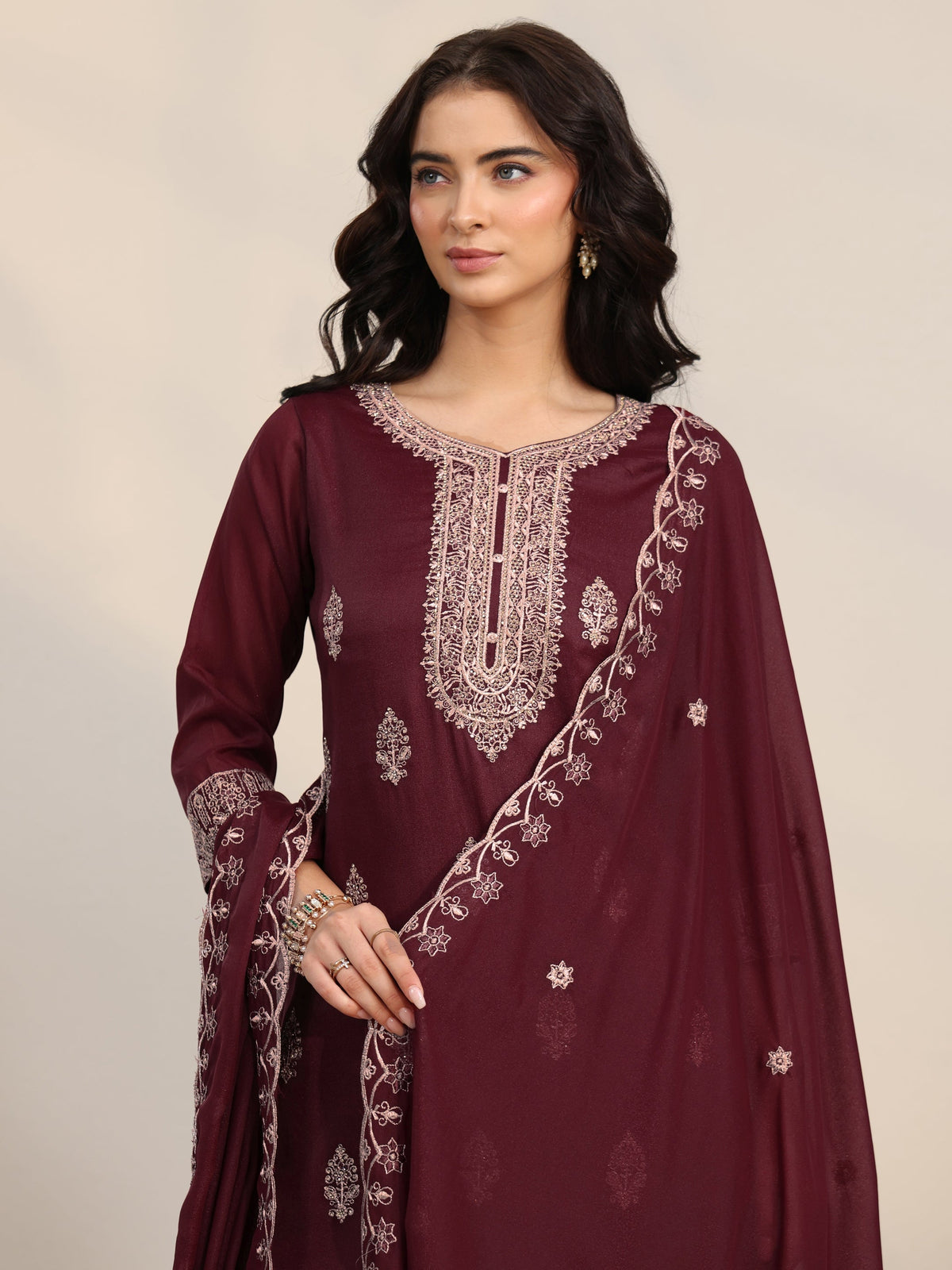 sanjhshringar Maroon Embroidered Chinon Straight Suit Set