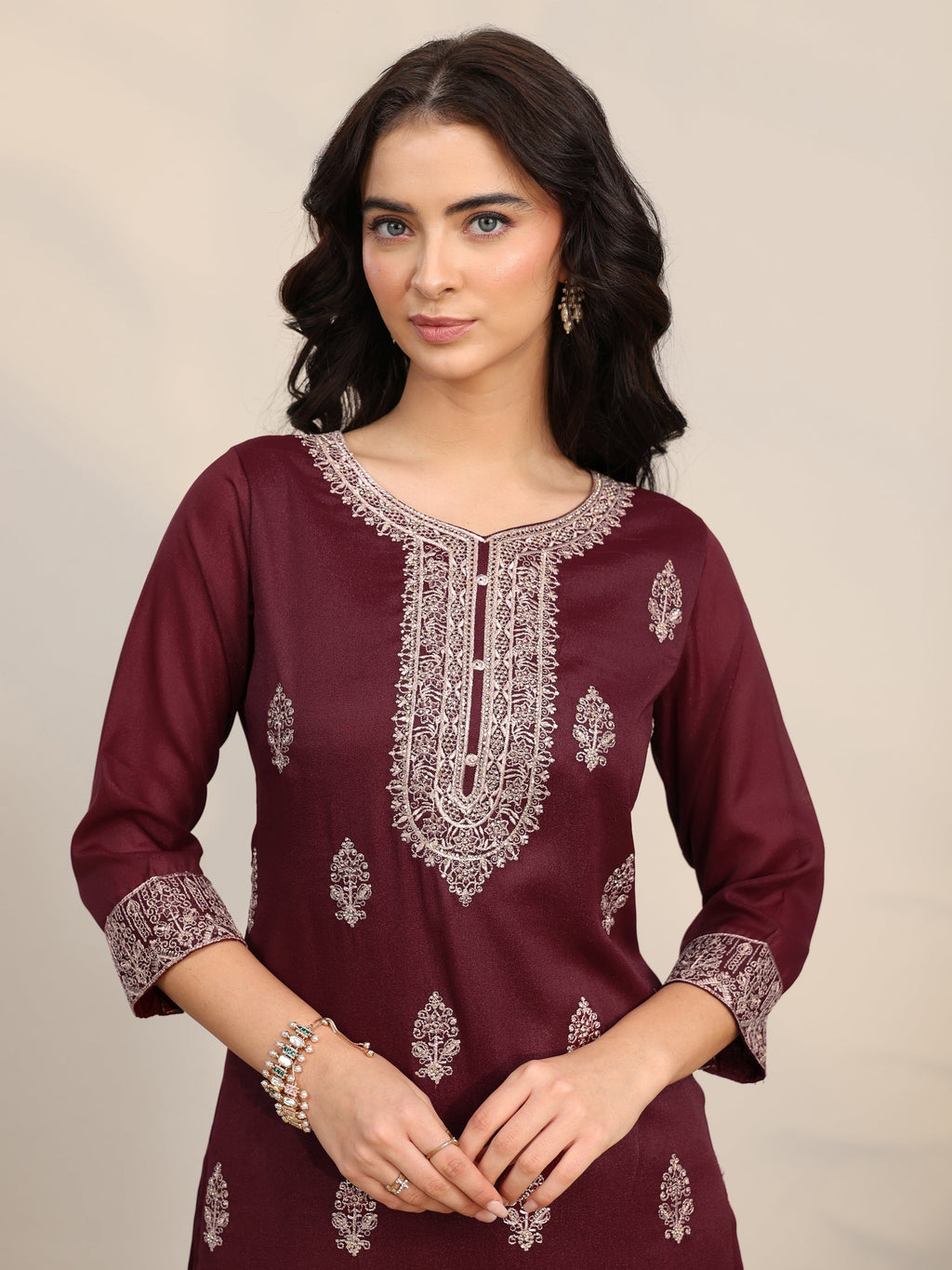 sanjhshringar Maroon Embroidered Chinon Straight Suit Set