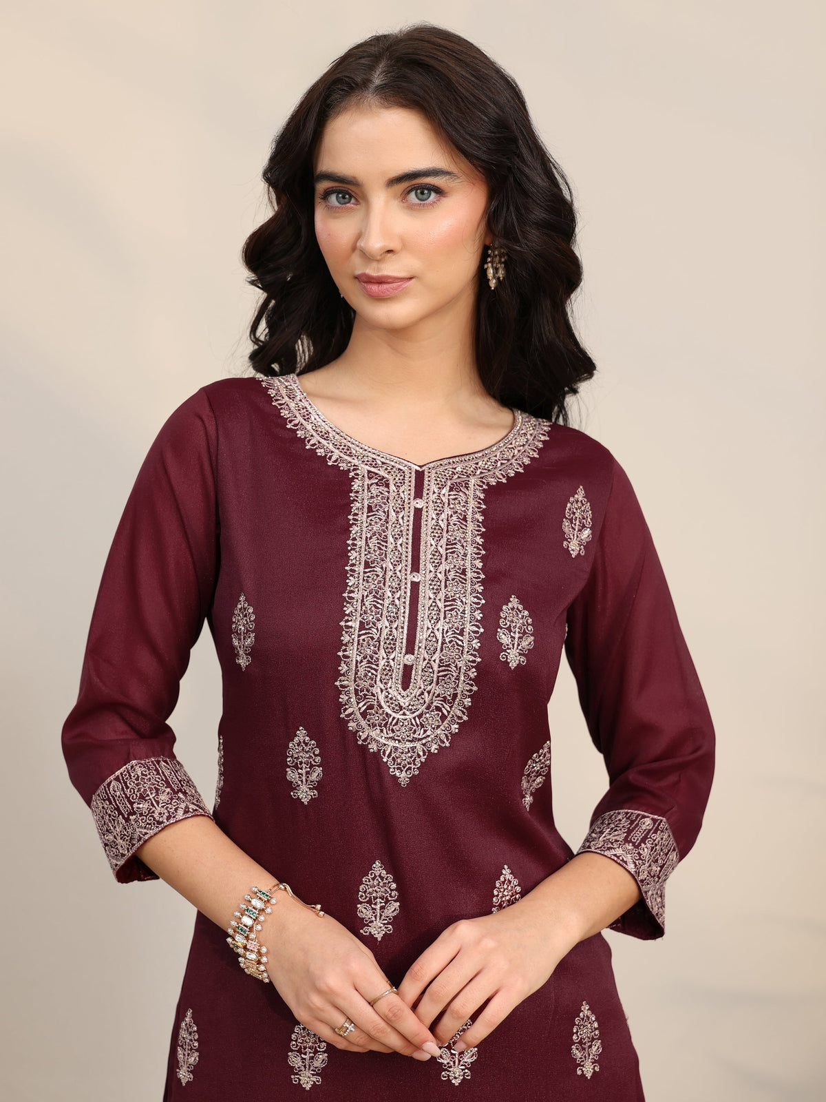 sanjhshringar Maroon Embroidered Chinon Straight Suit Set