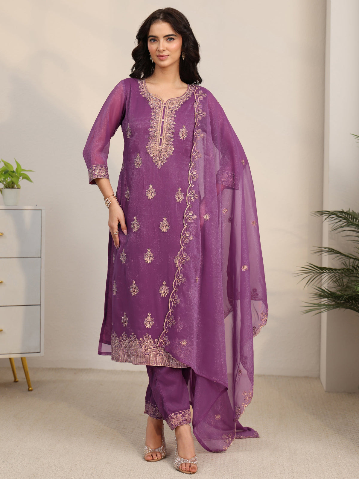 sanjhshringar Burgundy Embroidered Chinon Straight Suit Set