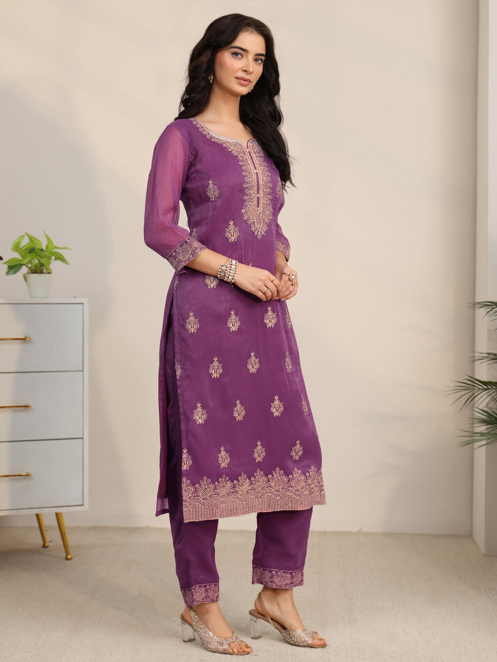 sanjhshringar Burgundy Embroidered Chinon Straight Suit Set