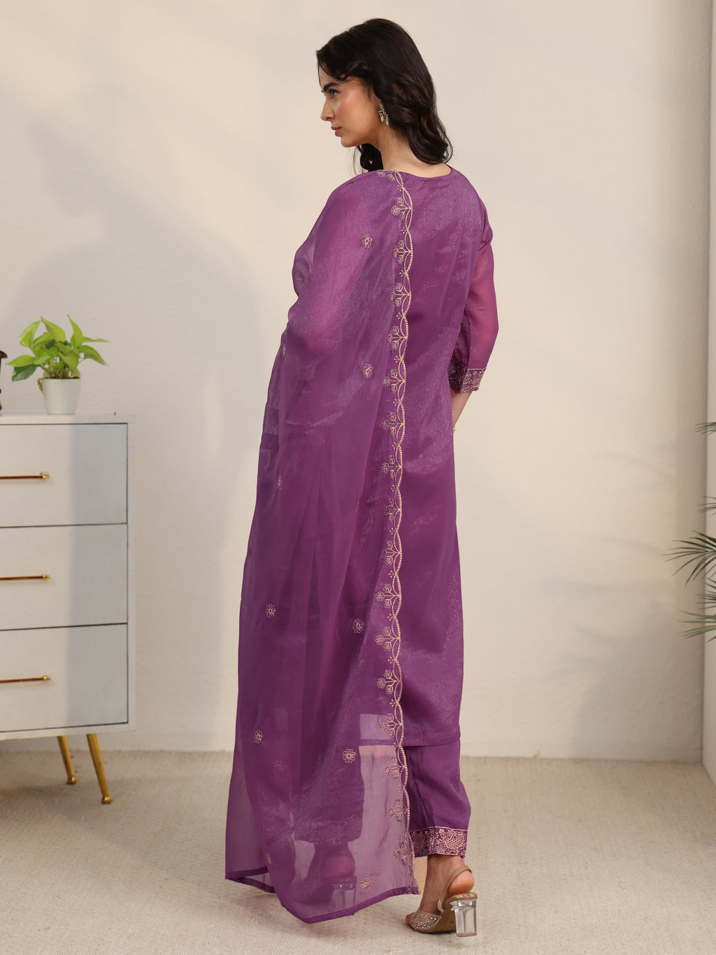 sanjhshringar Burgundy Embroidered Chinon Straight Suit Set