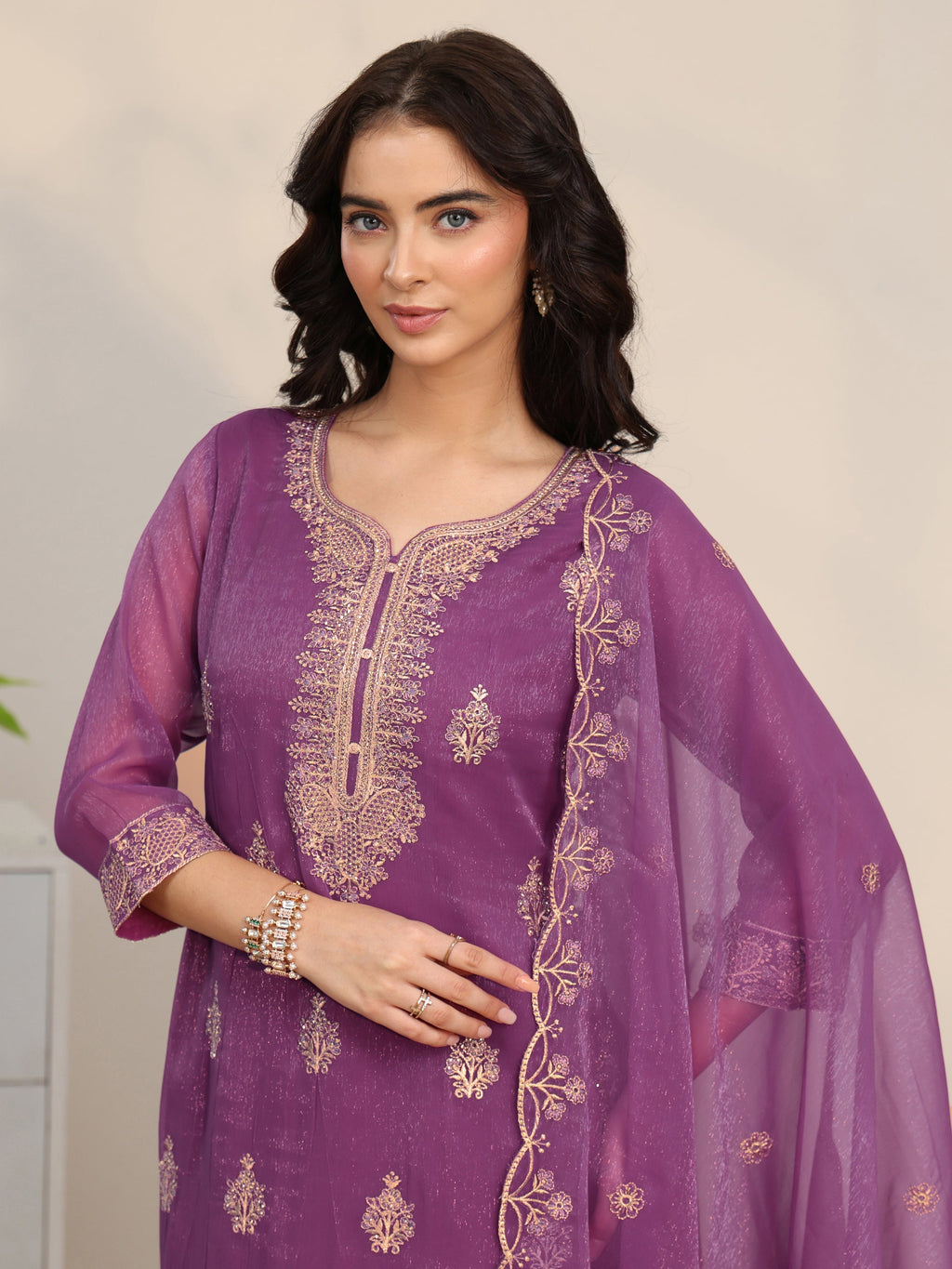 sanjhshringar Burgundy Embroidered Chinon Straight Suit Set