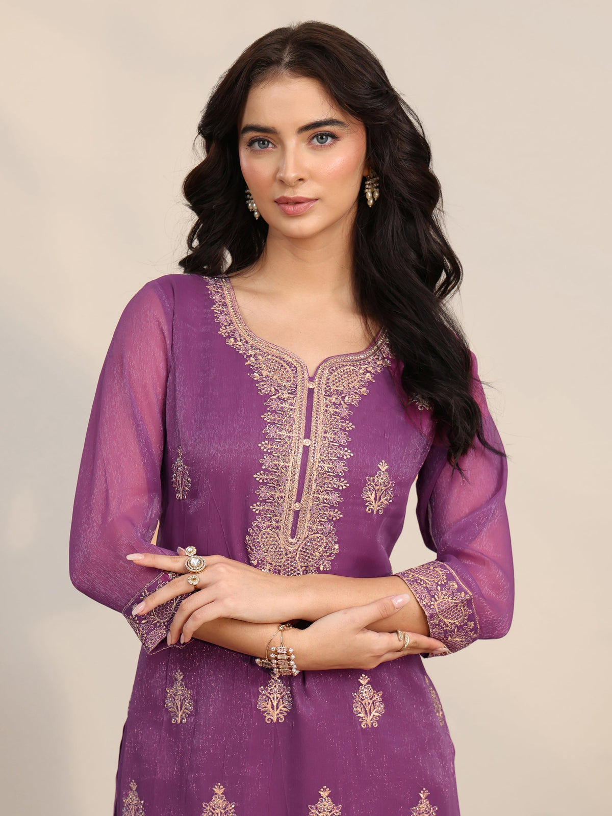 sanjhshringar Burgundy Embroidered Chinon Straight Suit Set