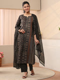 sanjhshringar Black Ethnic Printed Linen Straight Suit Set