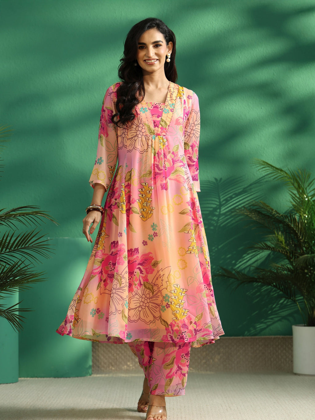 sanjhshringar Pink Floral Printed Chiffon A-Line Kurta Set