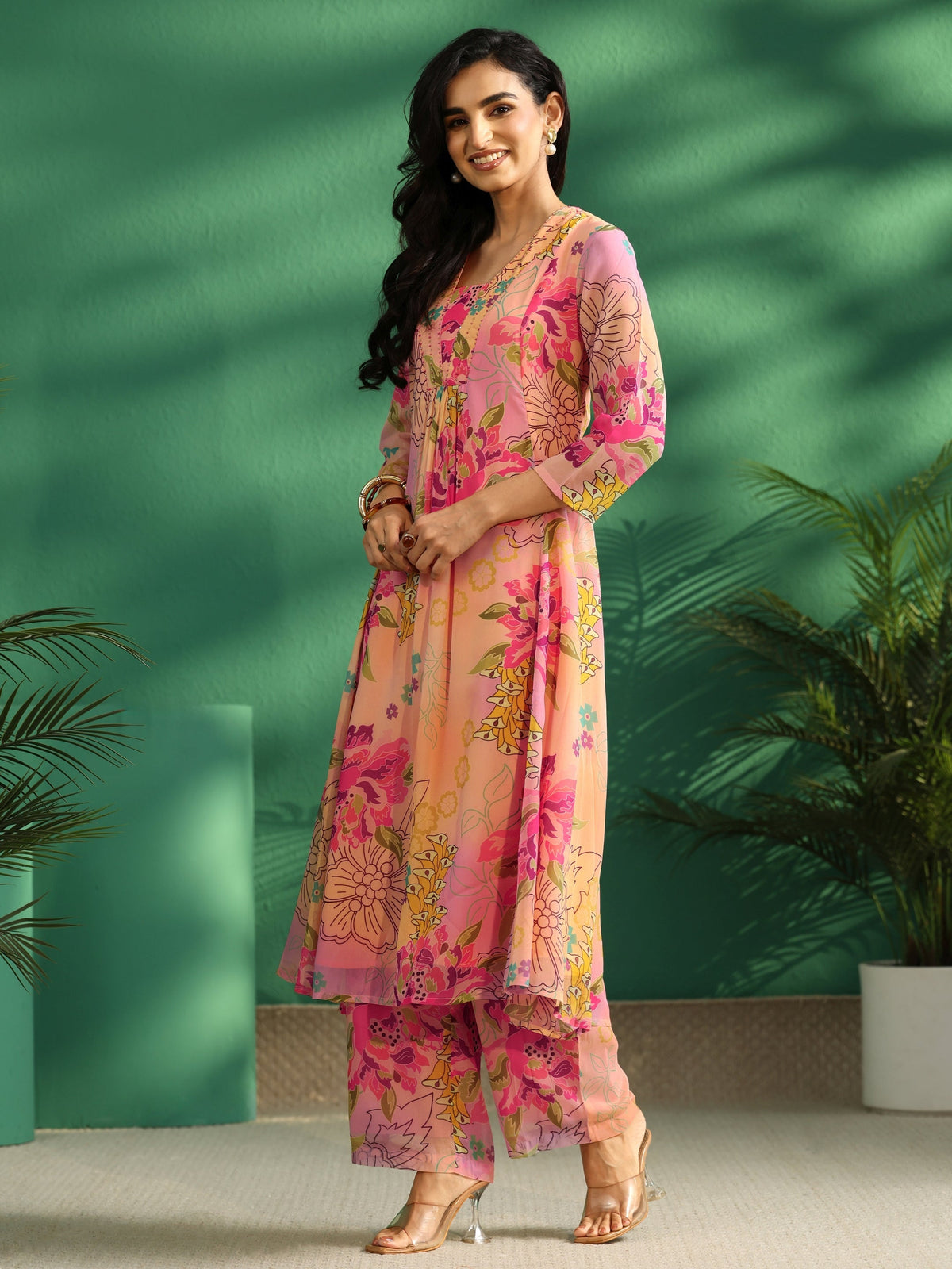 sanjhshringar Pink Floral Printed Chiffon A-Line Kurta Set