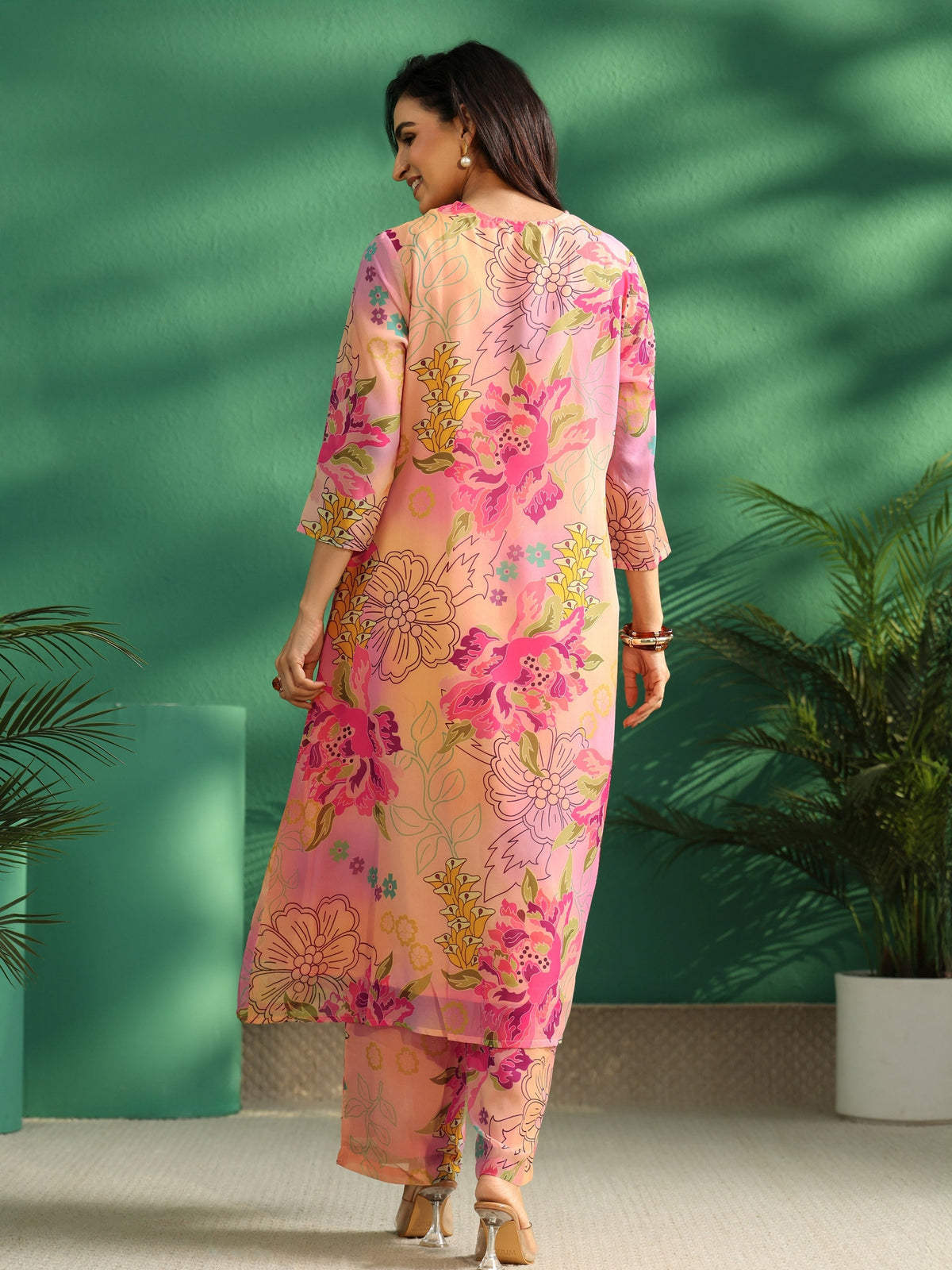 sanjhshringar Pink Floral Printed Chiffon A-Line Kurta Set