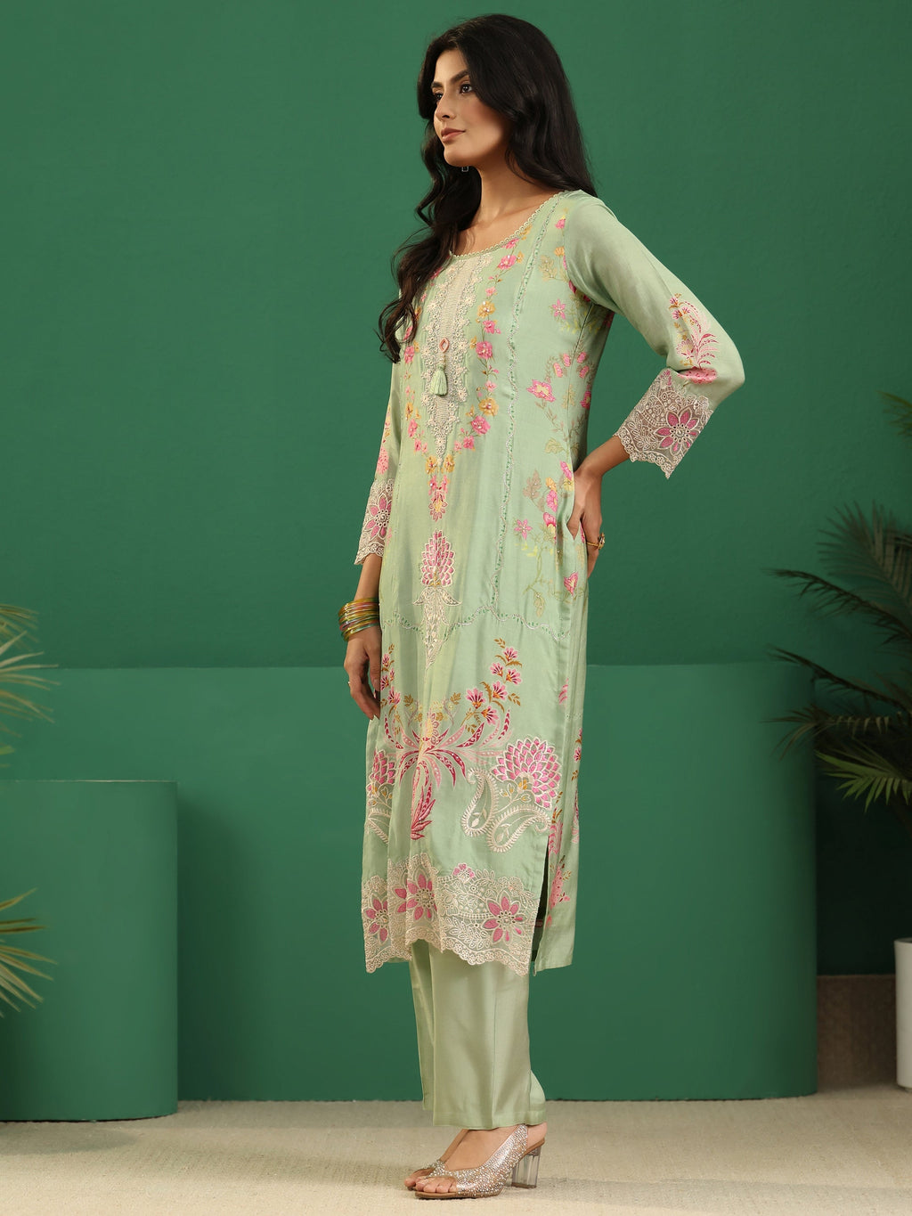 sanjhshringar Pista Green Floral Embroidered Crepe Straight Suit Set