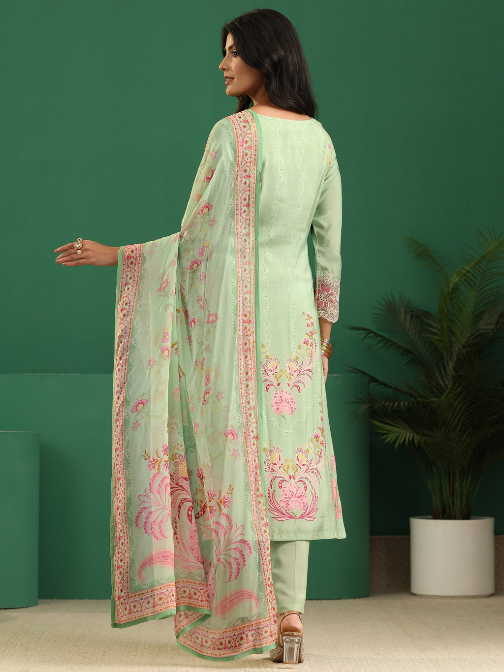 sanjhshringar Pista Green Floral Embroidered Crepe Straight Suit Set