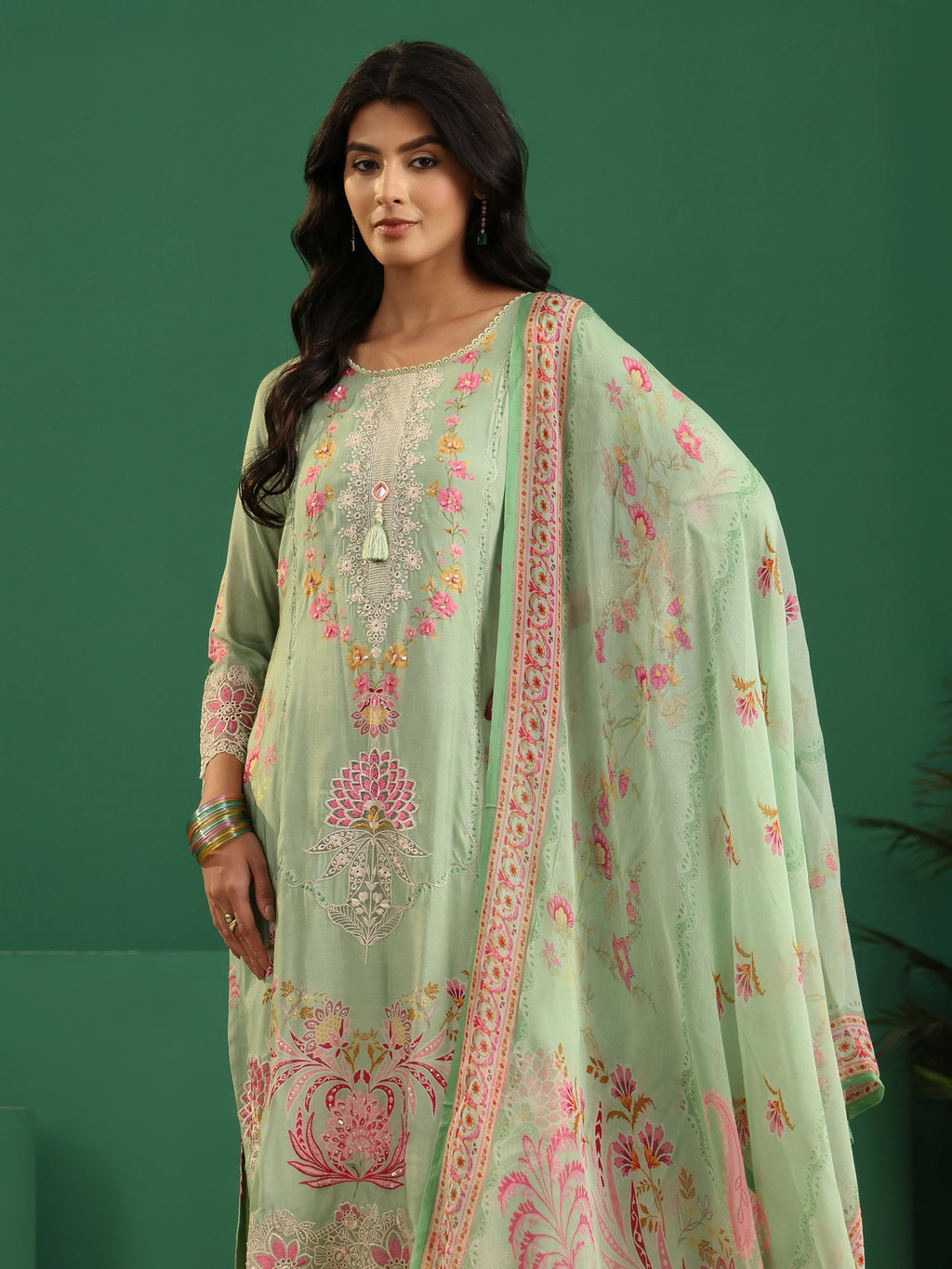 sanjhshringar Pista Green Floral Embroidered Crepe Straight Suit Set