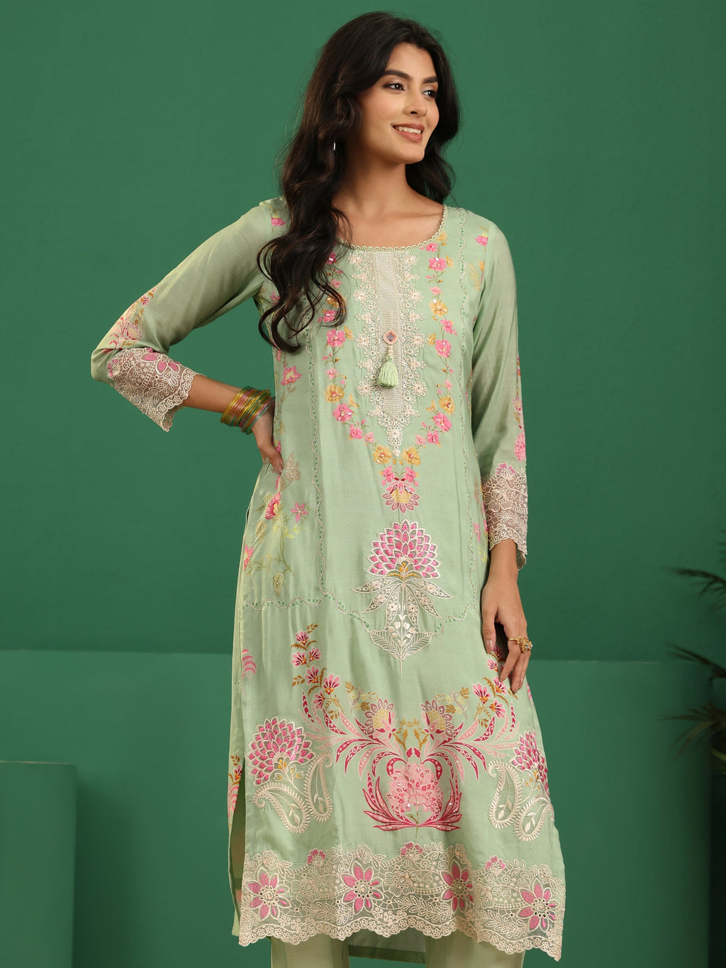 sanjhshringar Pista Green Floral Embroidered Crepe Straight Suit Set