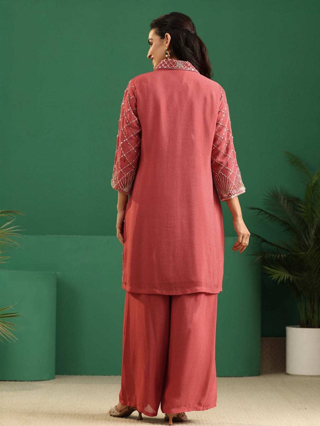 sanjhshringar Art Dusty Rose Pink Embellished Chinon Co-Ord Set