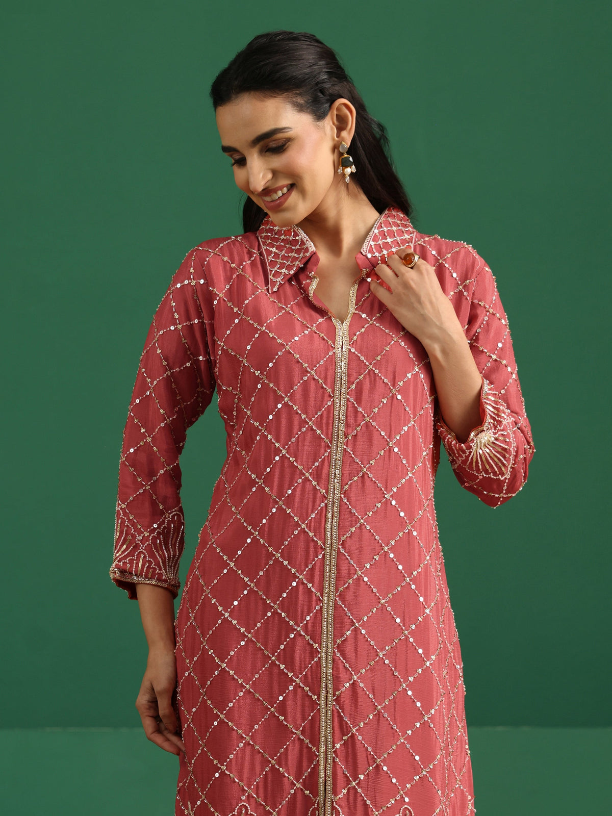 sanjhshringar Art Dusty Rose Pink Embellished Chinon Co-Ord Set