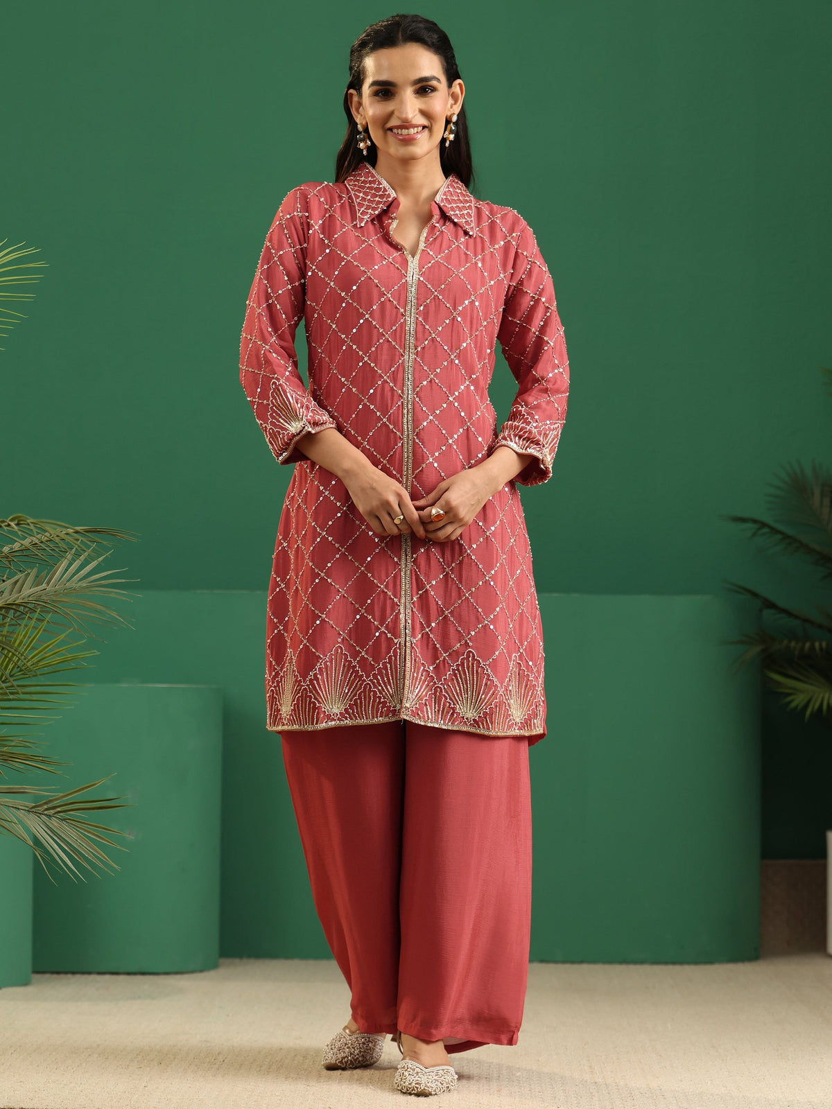 sanjhshringar Art Dusty Rose Pink Embellished Chinon Co-Ord Set