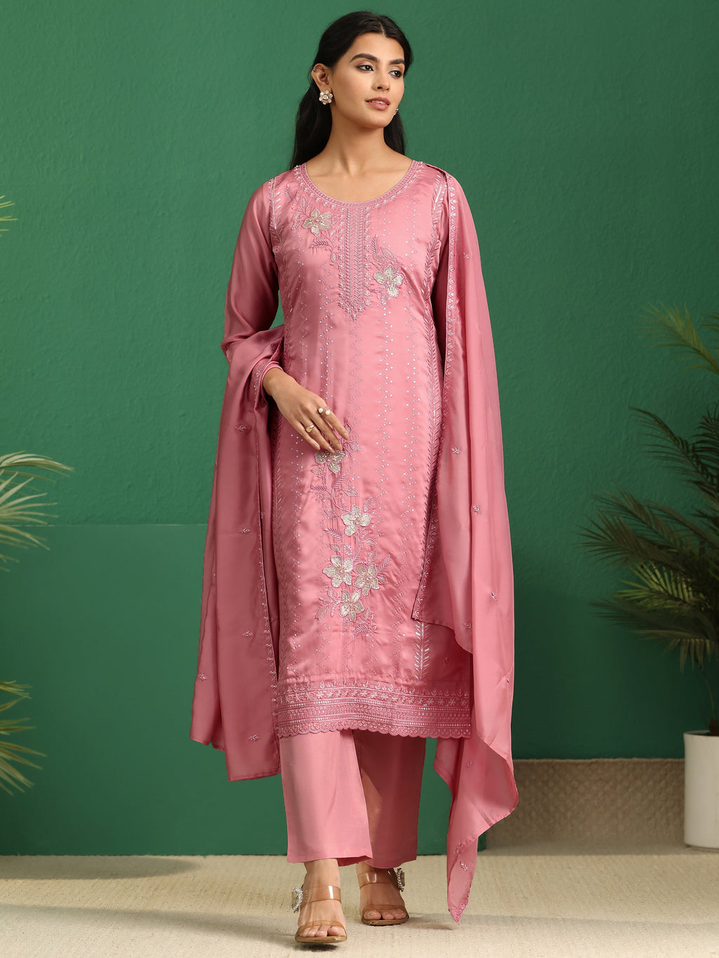 sanjhshringar Dusty Rose Pink Floral Embroidered Organza Straight Suit Set