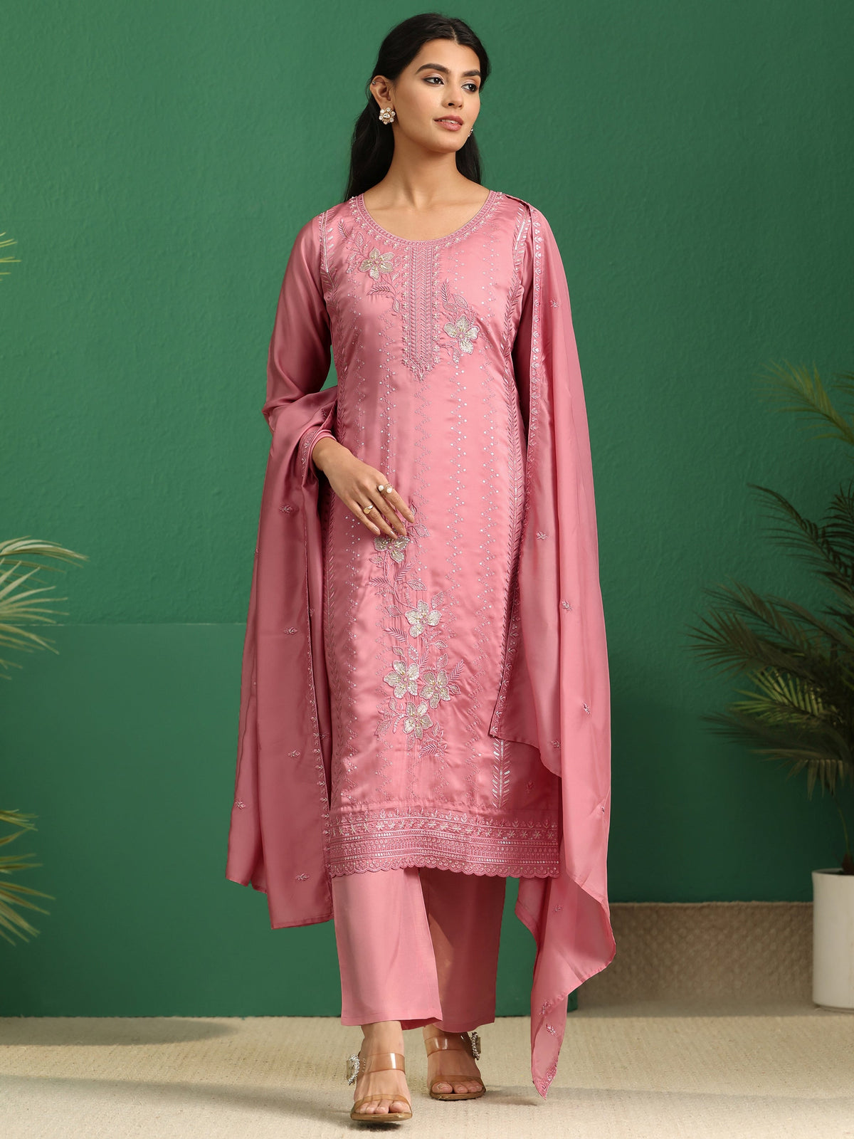sanjhshringar Dusty Rose Pink Floral Embroidered Organza Straight Suit Set