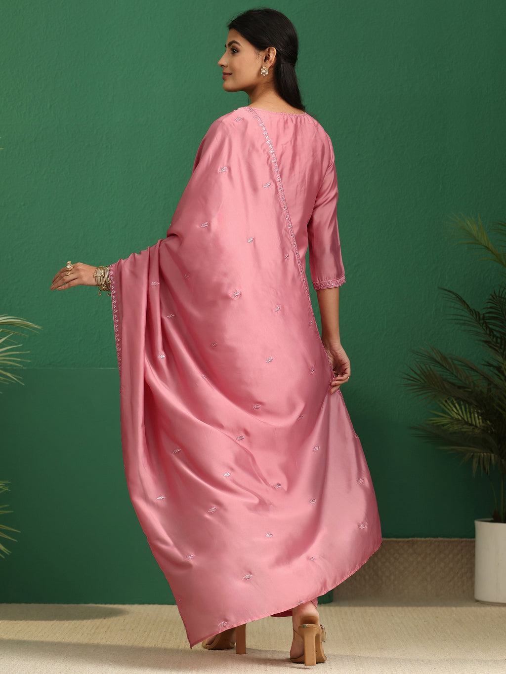 sanjhshringar Dusty Rose Pink Floral Embroidered Organza Straight Suit Set