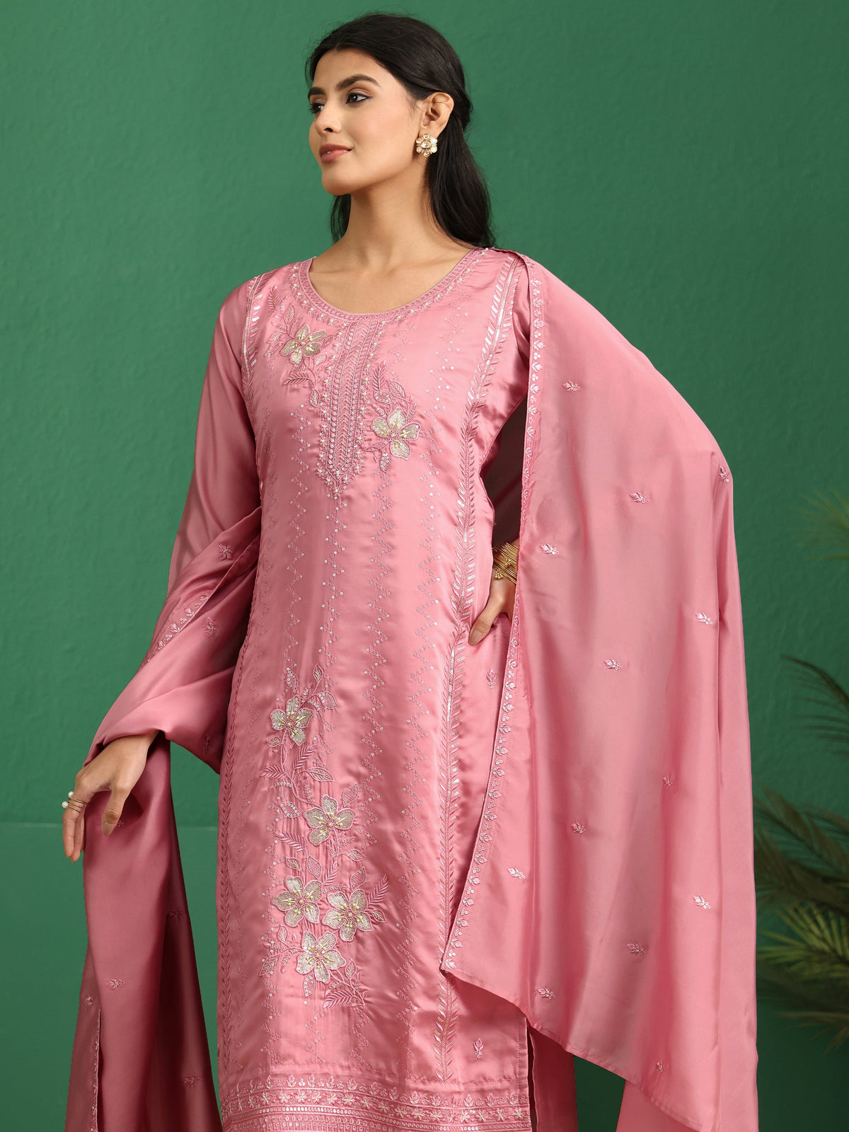 sanjhshringar Dusty Rose Pink Floral Embroidered Organza Straight Suit Set