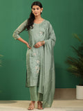 sanjhshringar Sage Green Floral Embroidered Organza Straight Suit Set