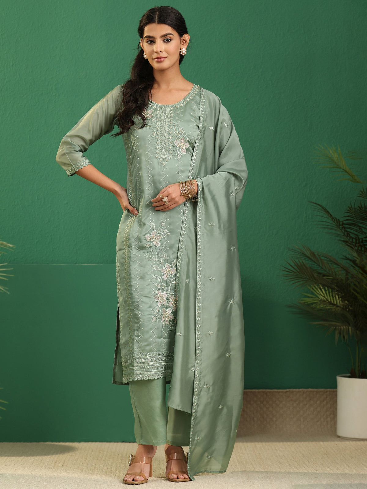 sanjhshringar Sage Green Floral Embroidered Organza Straight Suit Set